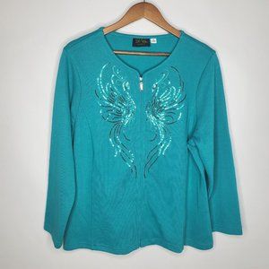 Bob Mackie Womens Sequin Bird of Paradise Embroidered Cardigan Size XL Teal Zip